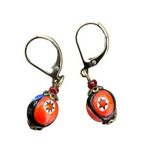 Murano Glass Millefiori Earrings Red Star, Floral Beads Gold Tone Handmade Italy